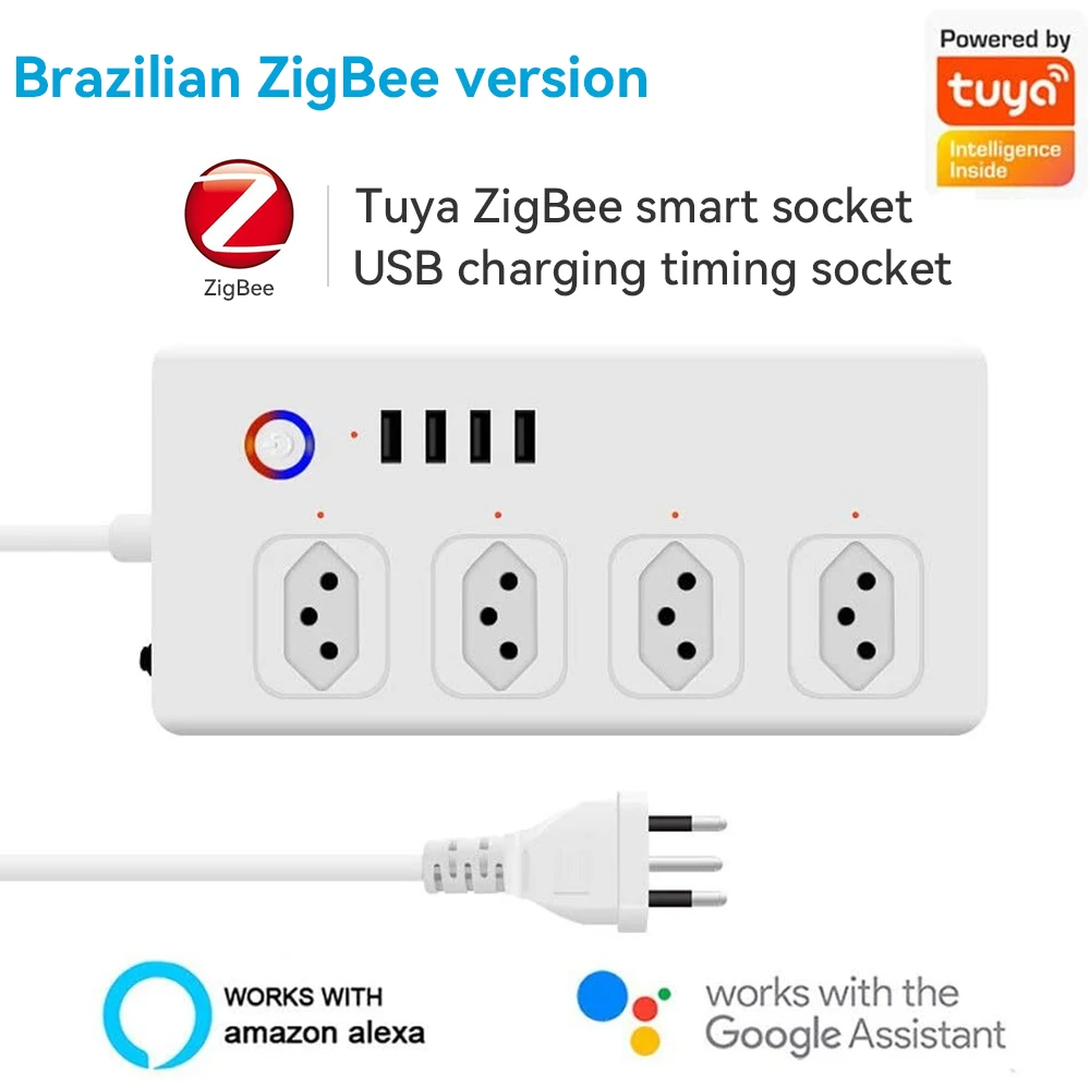 

Умный удлинитель Tuya с Wi-Fi/Zigbee розетками, сетевой фильтр европейского стандарта с 4 розетками и 4 USB-портами, голосовое управление через прилож...