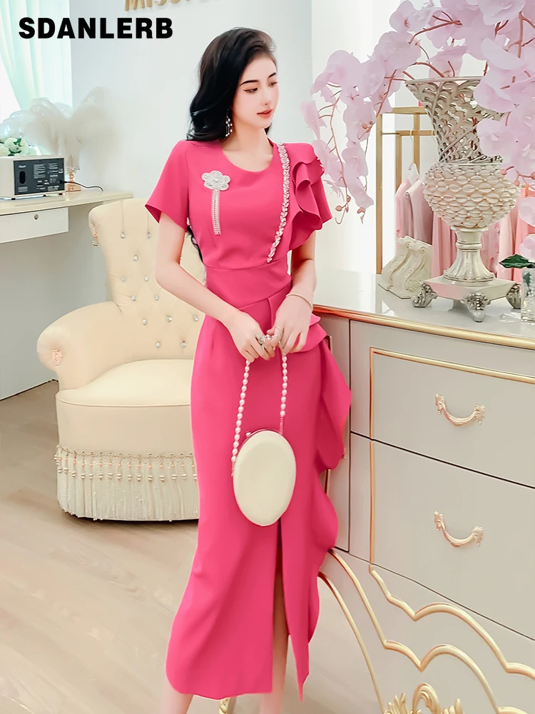 

Lightly Mature Elegant Short Sleeve Dress 2022 Summer New Women's Solid Color Midi Dress Round Neck Ruffled Slit Sheath Dress