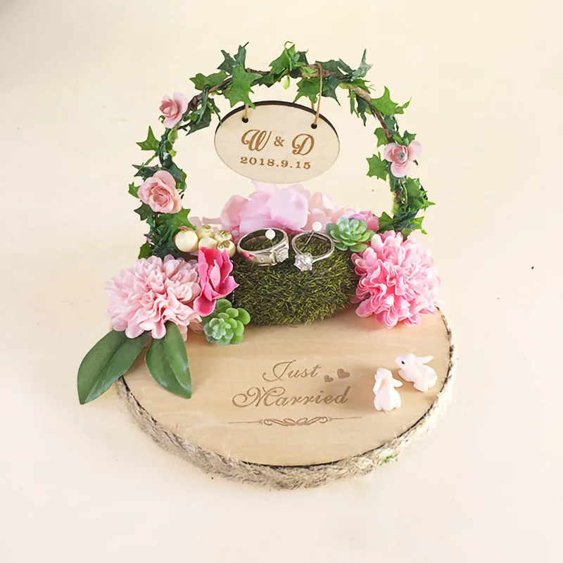 

Proposal arch ring Tosen custom ring pillow artificial pink green flower korean wedding lover ring just married support supplies