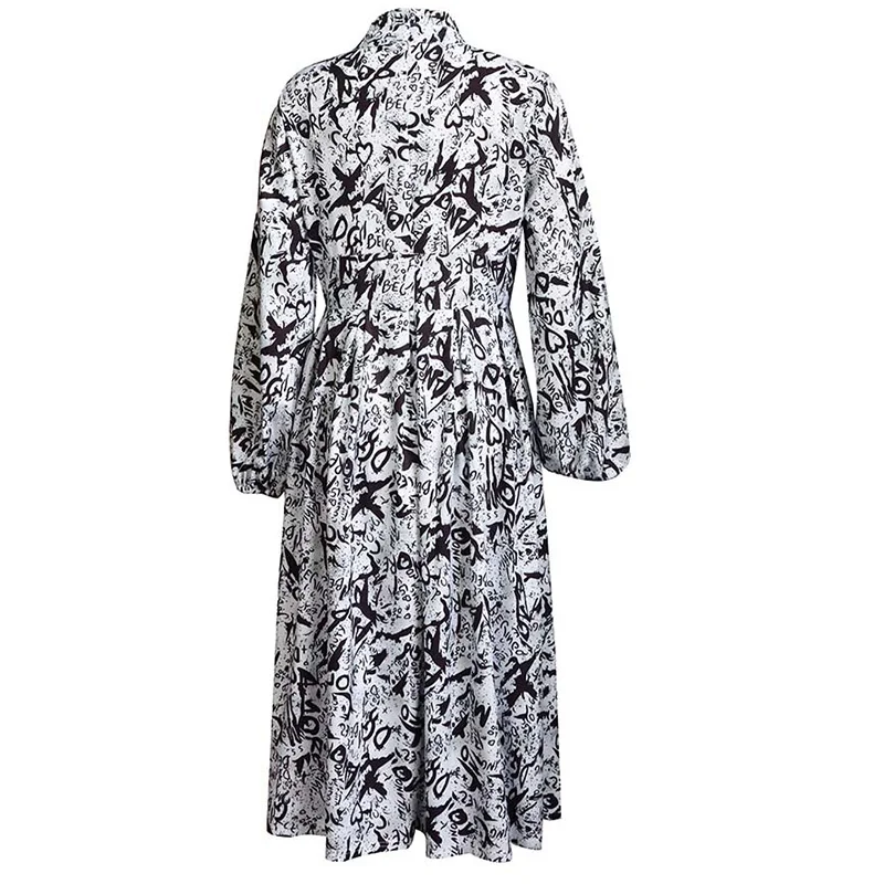 Spring Summer Stand Collar Letter Printing A-line Skirt Fashion Plus Size Puff Long Sleeve Mid Waist Loose Ankle-Length Dresses