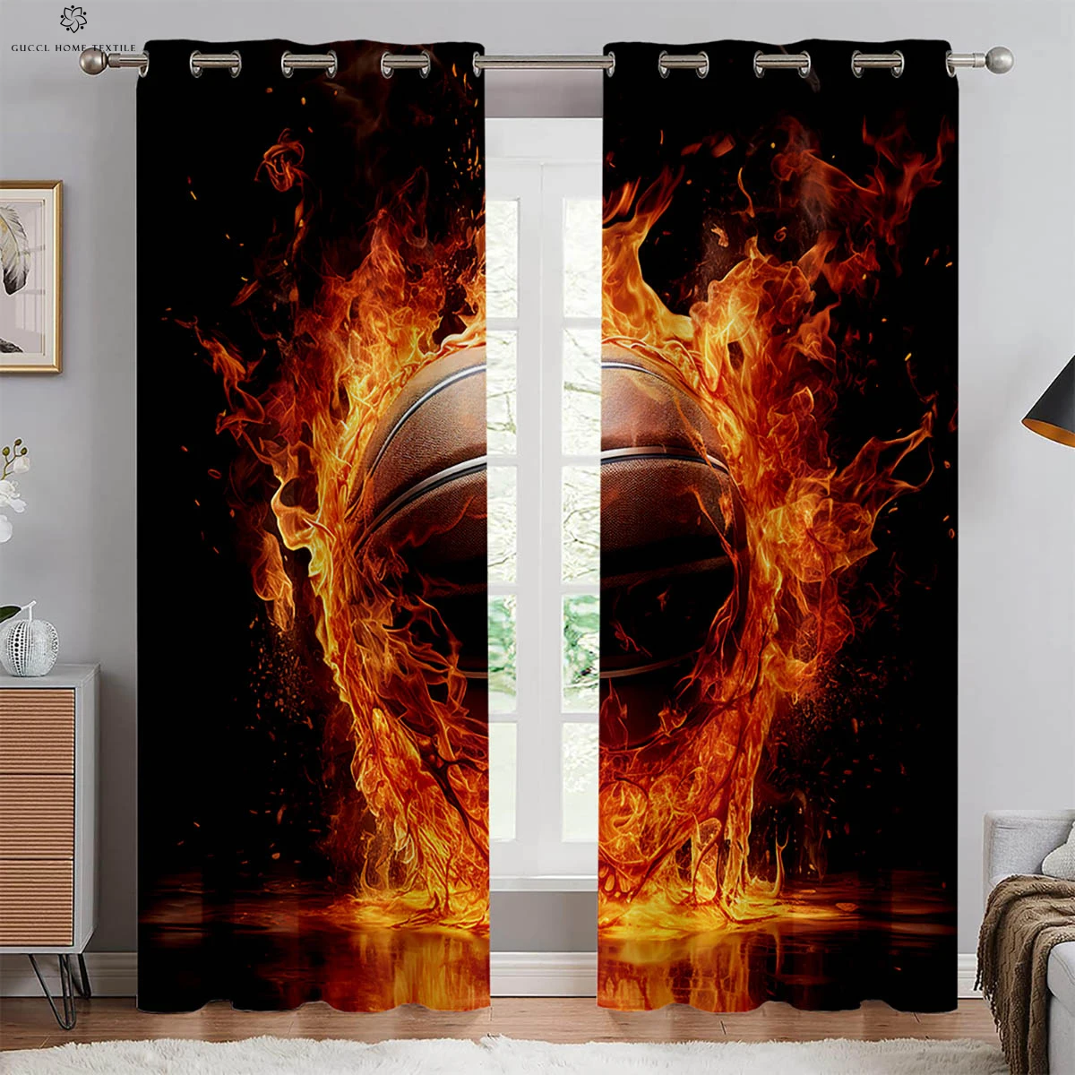 2 шт. шторы с 3D принтом пламени баскетбола можно стирать в машине декоративные для