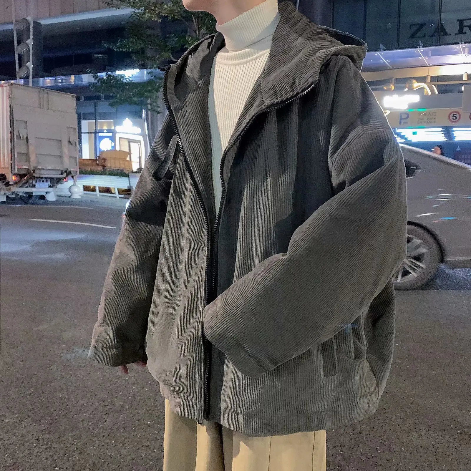 

Jackets Men Corduroy Outwear Vintage with Hat Winter Fashion Harajuku Loose Casual Solid Simple Clothing New Arrival Streetwear