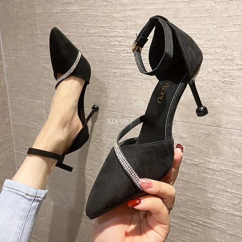 

Spring Wedding Shoes Woman 2022 Pointed Toe Crystal Pumps Thin High Heel Ankle Buckle Strap Rhinestone Sandal Sexy Party Shoes