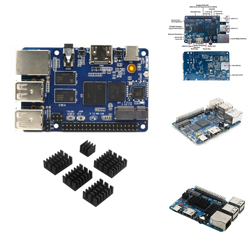 For Banana Pi BPI-M4 Development Board With Heatsinks DDR4 RAM Realtek RTD1395 ARM Cortex-A53 Quad-Core 64 Bit