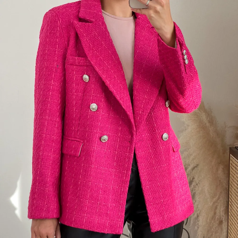 2022 Women New Casual Tweed Blazer Vintage Office Lady Autumn Jacket Coat double Breasted Outwear Female Chic Tops
