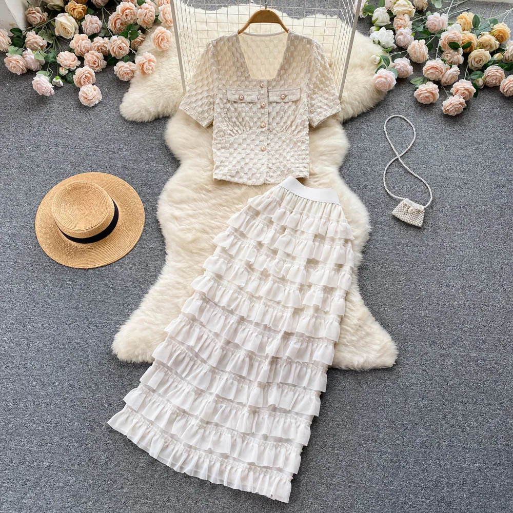 

2022 Summer New Two-Piece Suit, Summer Temperament Square Collar Shirt Top Tassel Skirt Skirt Sets