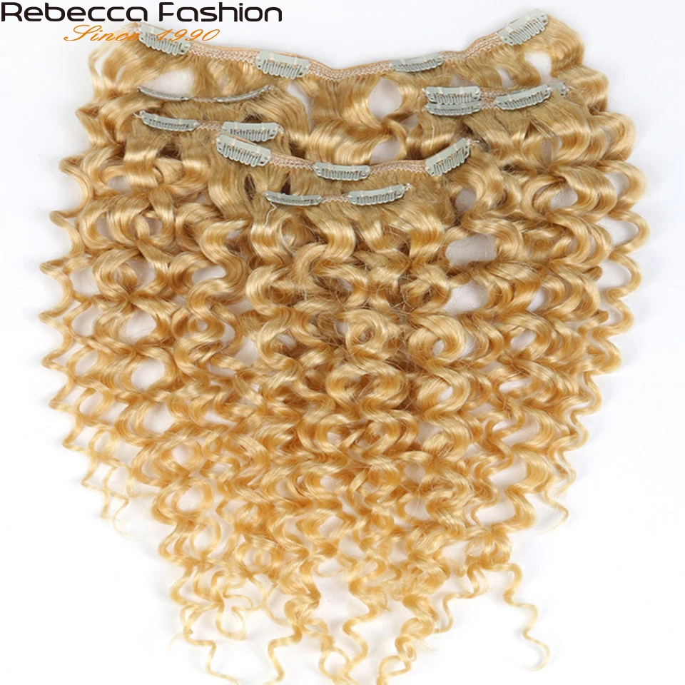 

Rebecca Hair 7Pcs/Set 120g Jerry Curly Remy Clip In Human Hair Extensions Full Head 12-24 Inch Color #1B #613 #27/613 #6/613