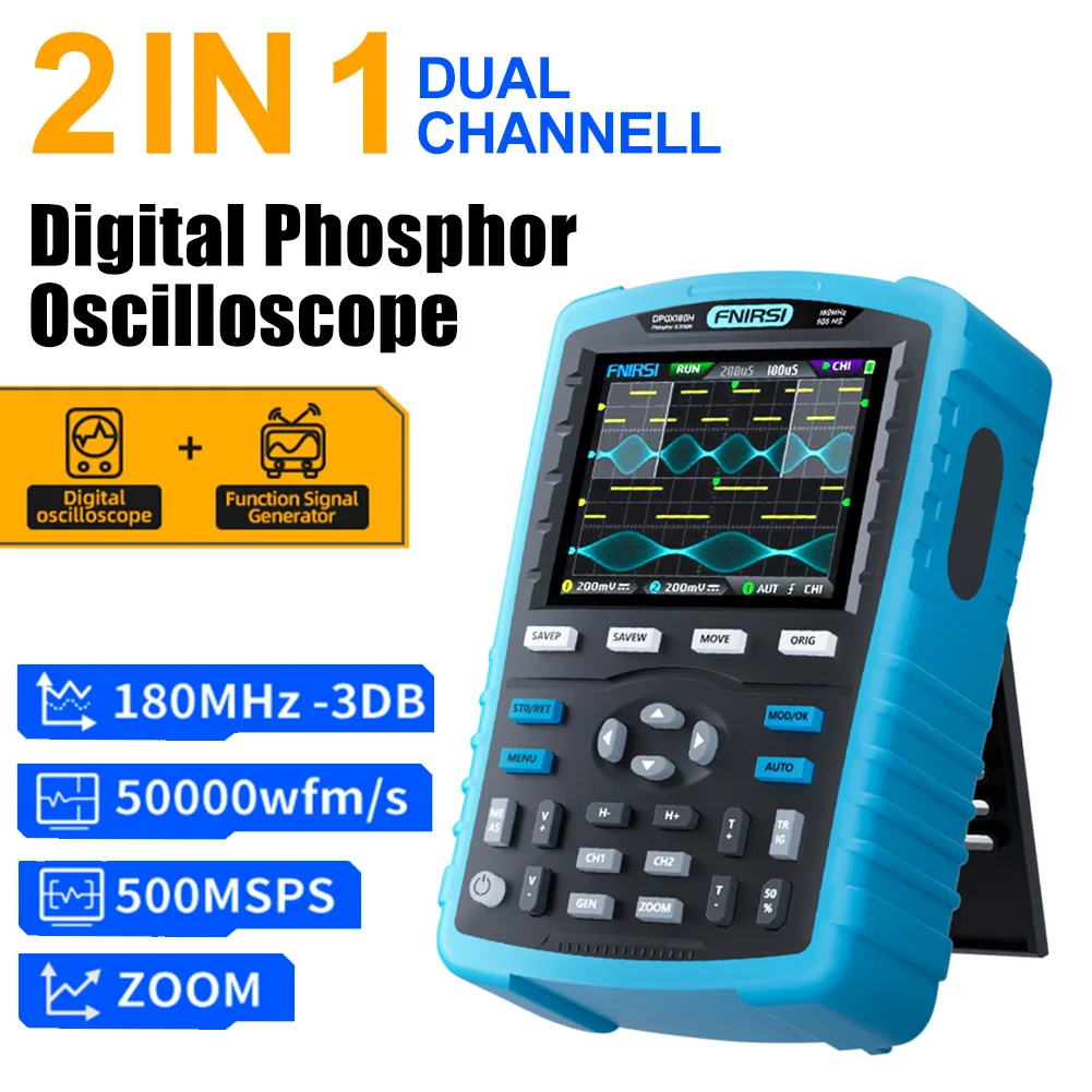 

FNIRSI DPOX180H Handheld Phosphor Digital Oscilloscope 180MHz -3DB 50000wfms/s Dual Channel 20Mhz Signal Generator ZOOM XY FFT