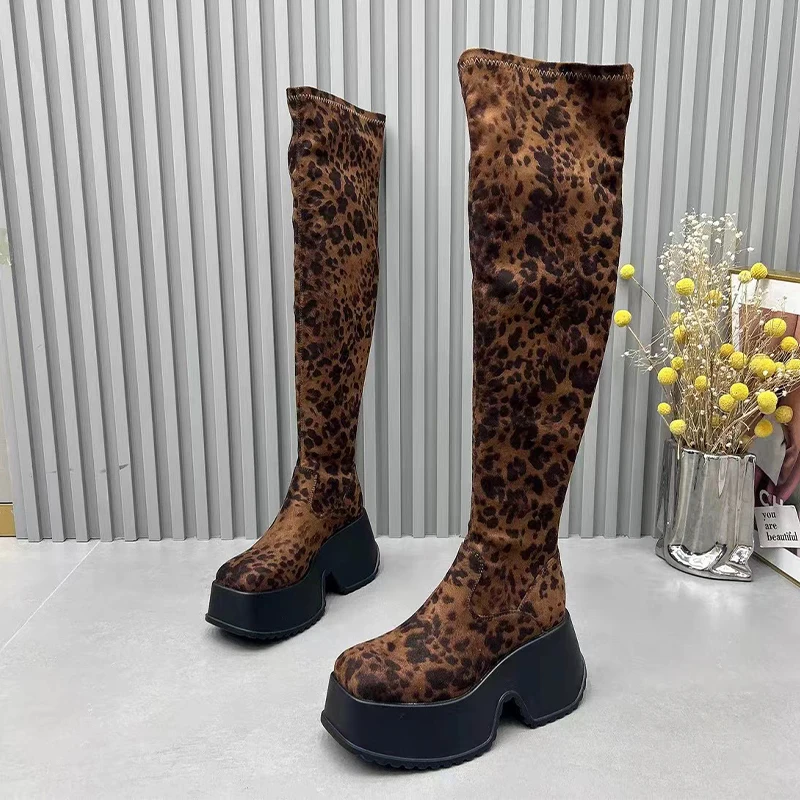 Женские высокие сапоги с леопардовой платформой массивная обувь выше колена
