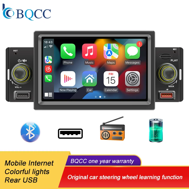 BQCC 5-футовый Автомобильный Мультимедийный Плеер 1DIN CarPlay Android Bluetooth MirrorLink FM-радио