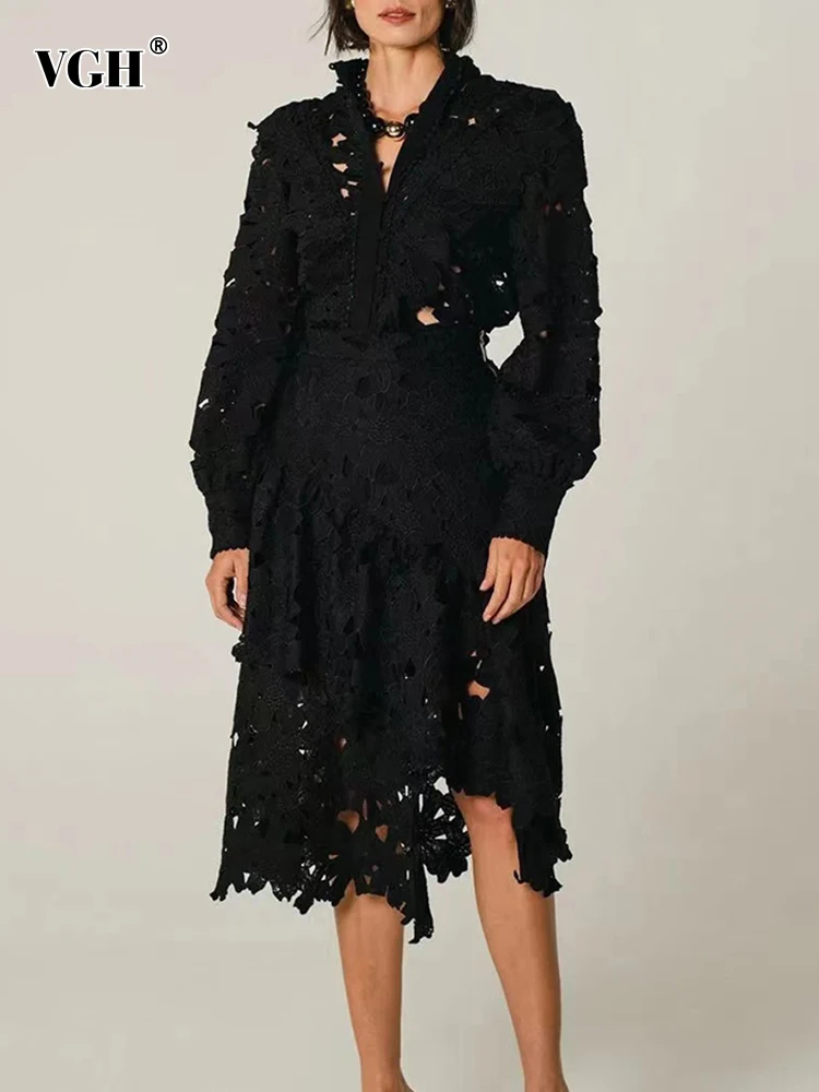 

Женский Повседневный комплект из двух предметов VGH, однотонный комплект из топа с воротником-стойкой и длинным рукавом, юбки с асимметричным подолом и высокой талией