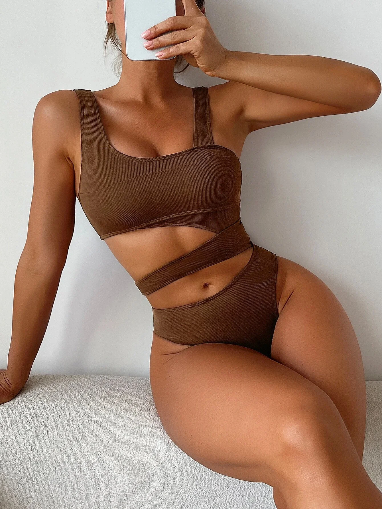 

Beach Bodysuit Plain Cut Out One Piece Swimsuit Women Rib Swimwear Slimming Bathing Suit