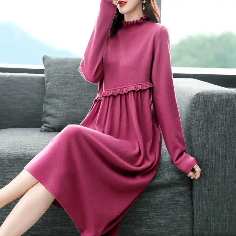 

Женские вязаные однотонные повседневные платья с длинным рукавом, женские вязаные платья, женские Мешковатые теплые платья средней длины, платья G200