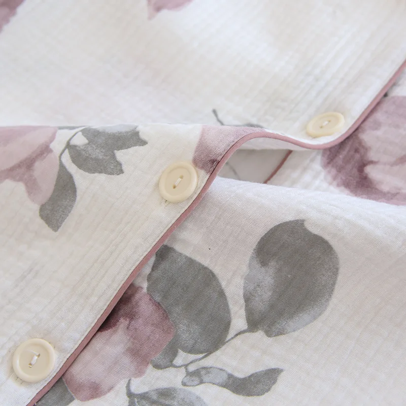 New Pajamas Long-sleeved Trousers Two-piece Women's 100% Cotton Crepe Casual Cardigan Flower Homewear Suit Sleepwear