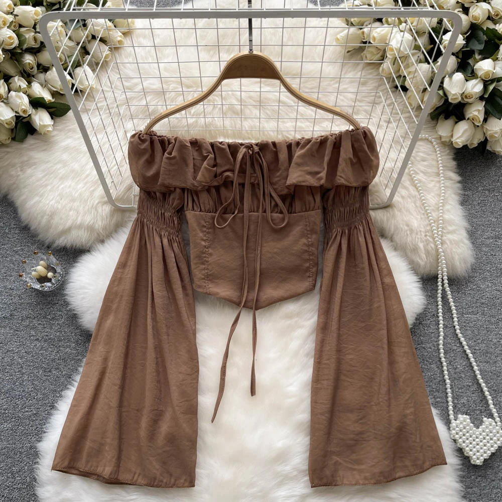

Autumn Summer Blouse for Women Bown/White/Black Vintage Slash Neck Draw String Shirring Shirt Female Long Sleeve Tops Vacation