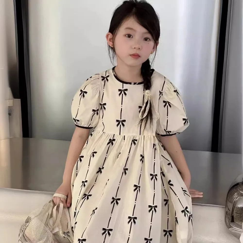 Платье для девочек в корейском стиле новинка 2024 летнее платье Babydoll с бантом и