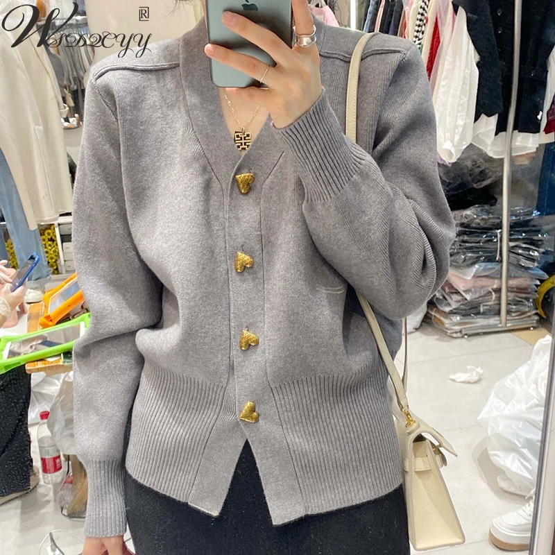 

Korean Love Heart Button Knitted Cardigans Jacket Women 2023 French Single Breasted Sweater Coat Long Sleeve V-Neck Knitwear Top