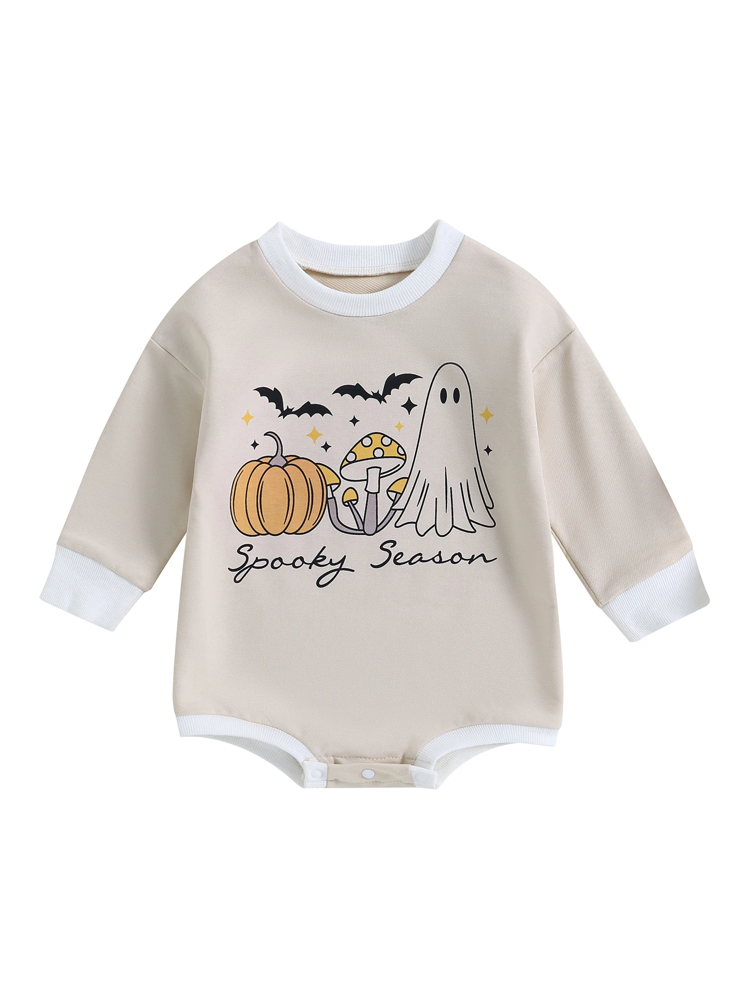 

Baby Girls Romper Long Sleeve Crew Neck Letters Pumpkin Ghost Print Bodysuit Newborn Halloween Costume (Khaki Letters 3-6