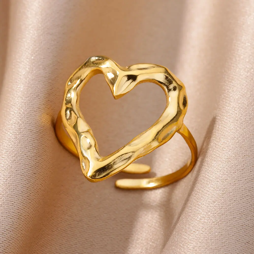

Hollow Heart Shape Irregular Rings For Women Gold Color Open Adjustable Stainless Steel Ring 2023 Trend Jewelry Free Shipping