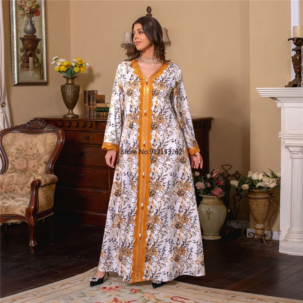 Elegant Women's Dresses For Party 2023 Elegant Floral Printed V-Neck Tape Trim Moroccan Kaftan Muslim Abaya Dress Dubai Ramadan