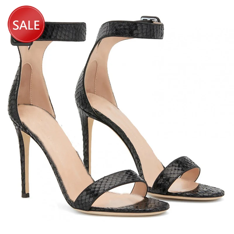 

CHMILE CHAU Black Snakeskin Sandals Concise Buckle Strap High Heels Sandals Woman Summer Lady Stilettos Shoe On Heels 104-CHC-26