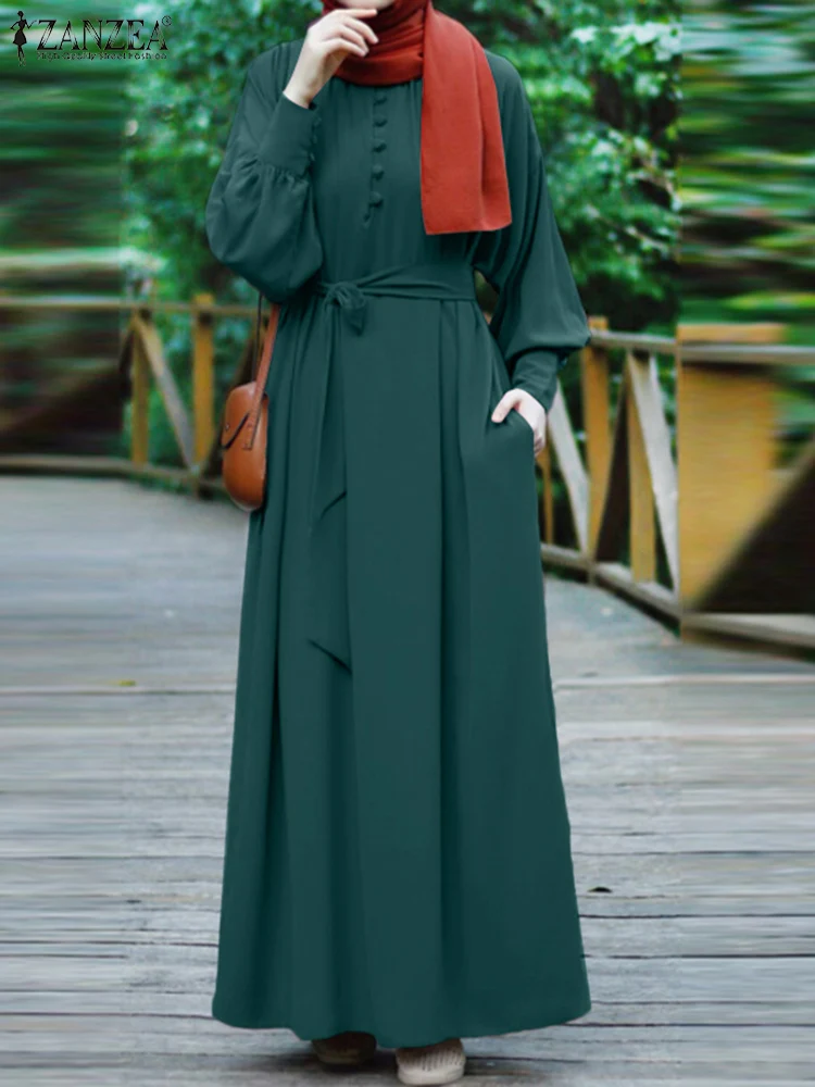 

Women Spring Sundress Muslim Dress ZANZEA Fashion Lantern Sleeve Maxi Vestidos Belted Female Casual Solid Abaya Hijab Robe Femme