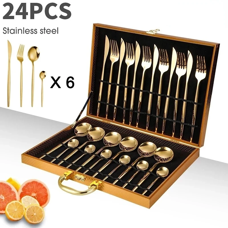 

24PCS Cutlery Set Stainless Knife Fork Spoon Flatware Tableware Set Gold Gift Box Portable Dinnerware Dishwasher Kitchenware