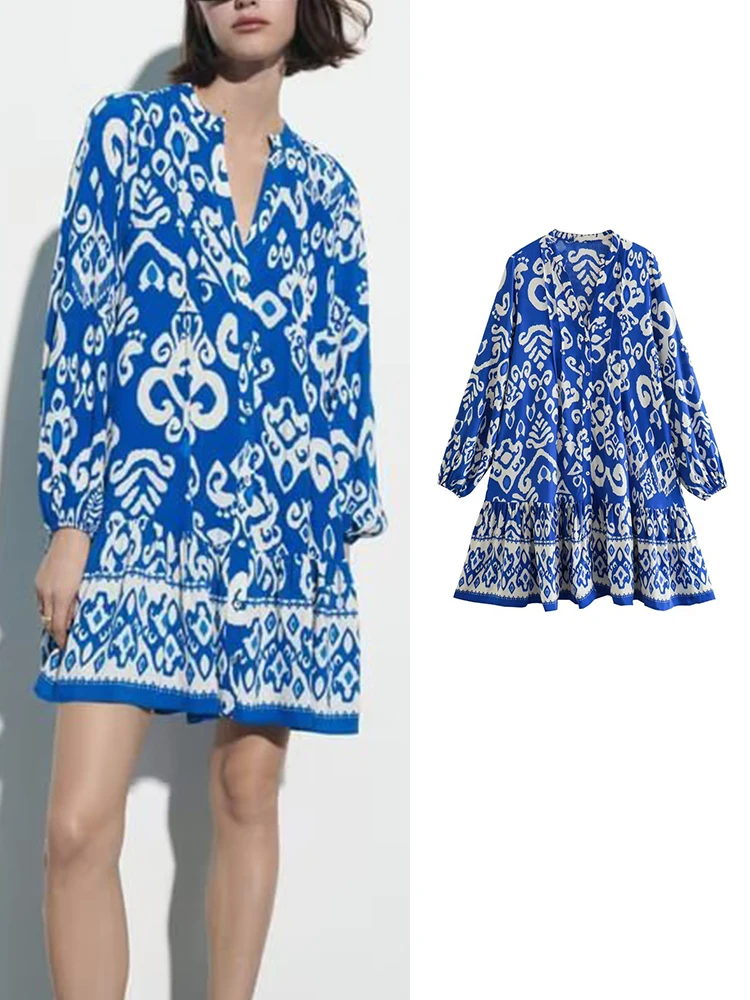 

Женское мини-платье с принтом, свободное Повседневное платье, женские платья с длинным рукавом и ламинированным декоративным подолом, новое короткое платье 2023