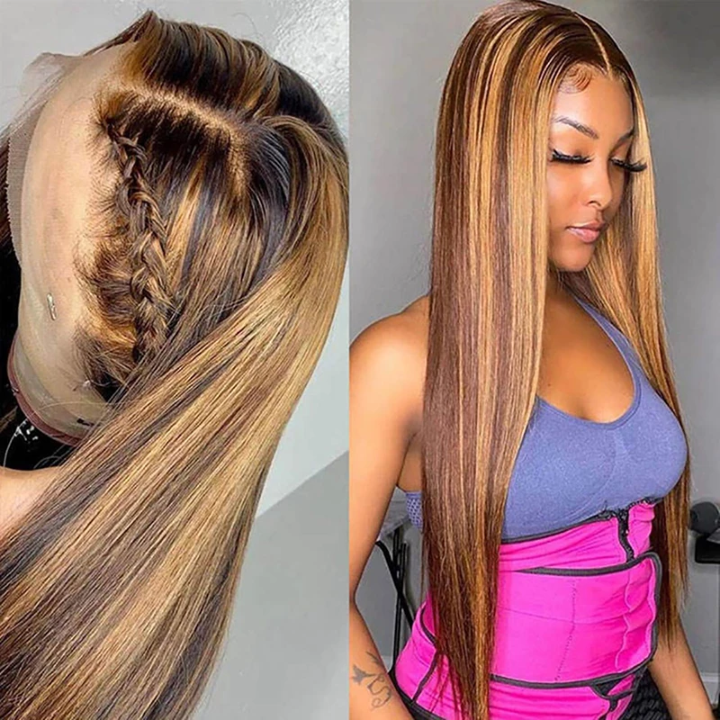 

Straight Highlighted HD Lace Wig 13X4 Lace Frontal Wig Human Hair With Highlights PrePlucked Honey Blonde Colored Human Hair Wig