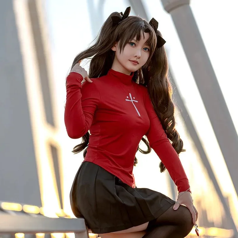 Фото Аниме игра Fate Stay Night Тосака Рин Косплей Костюм Парик для женщин Красная рубашка Юбка Чулки Зажимы x;2,f;5.n; №4