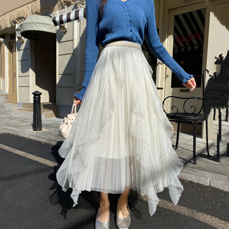 

Женская плиссированная юбка средней длины, дизайнерская юбка из сетчатой ткани с бусинами, с высокой талией, модель M253 на весну, 2023