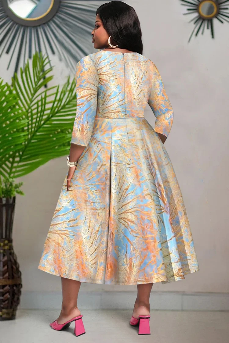 Формальные платья миди цвета шампанского с принтом лодочка и рукавами 3/4 на