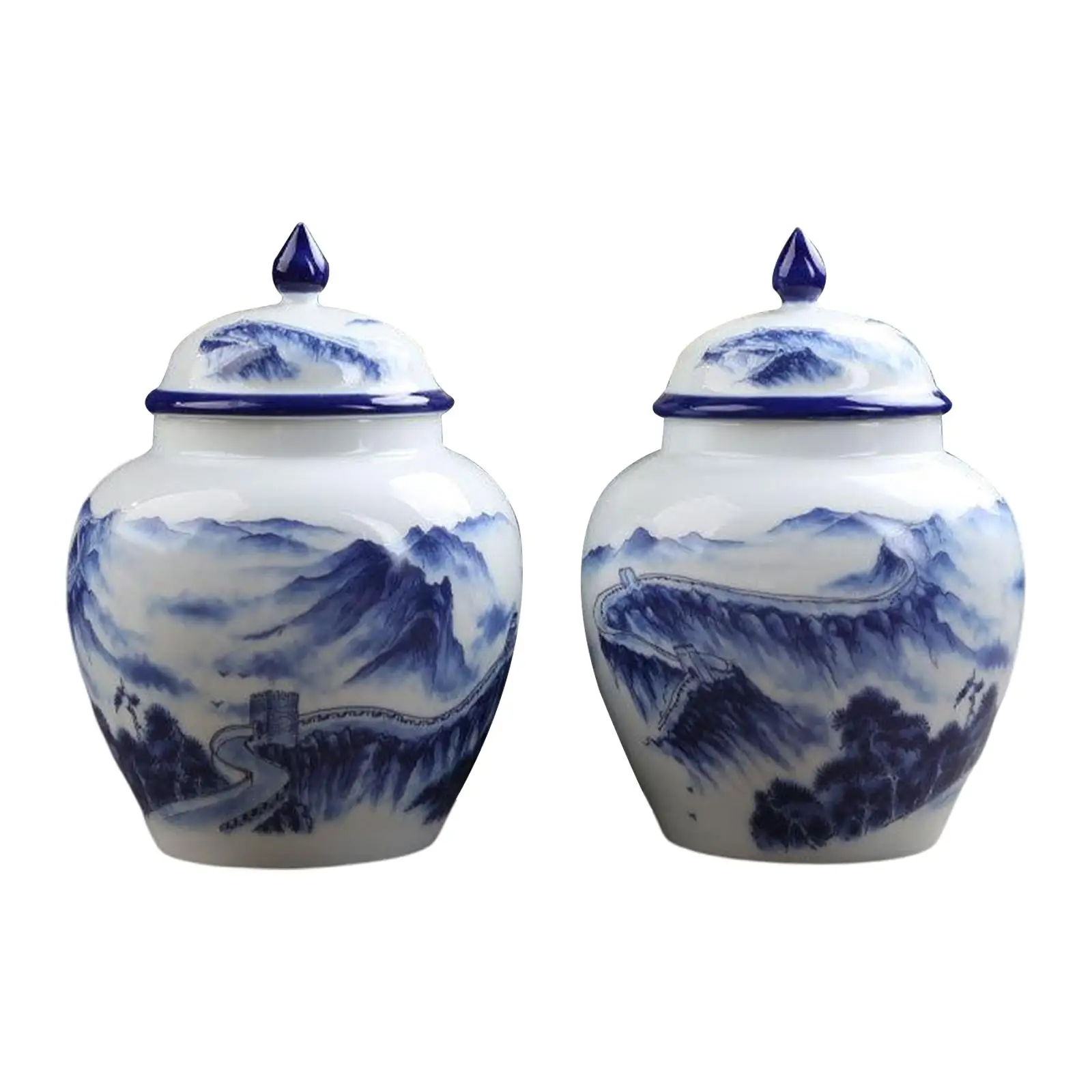 2Pcs Porcelain Ginger Jars Ink Style Great Wall Food Storage Container Glazed