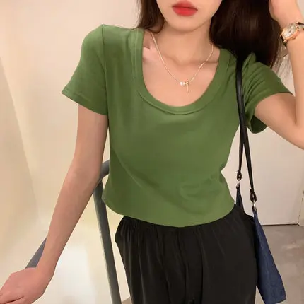 

2022Pure desire wind short-sleeved t-shirt women's summer new slim half-sleeved short top sports vest was thin and solid color