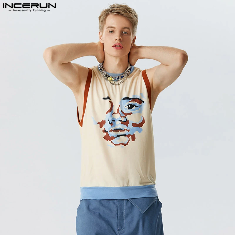 

INCERUN Men Tank Tops Print Patchwork O-neck Sleeveless Casual Vests Streetwear 2023 Summer Fitness Stylish Men Clothing S-5XL