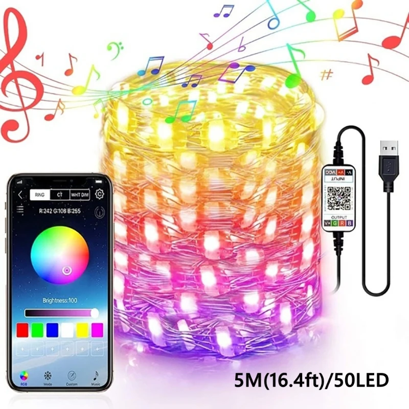 

LED String Lights USB Fairy Light Music Sync Bluetooth APP for Indoor Outdoor 2-10m Changing Color Starry Lamp RGB Holiday Decor
