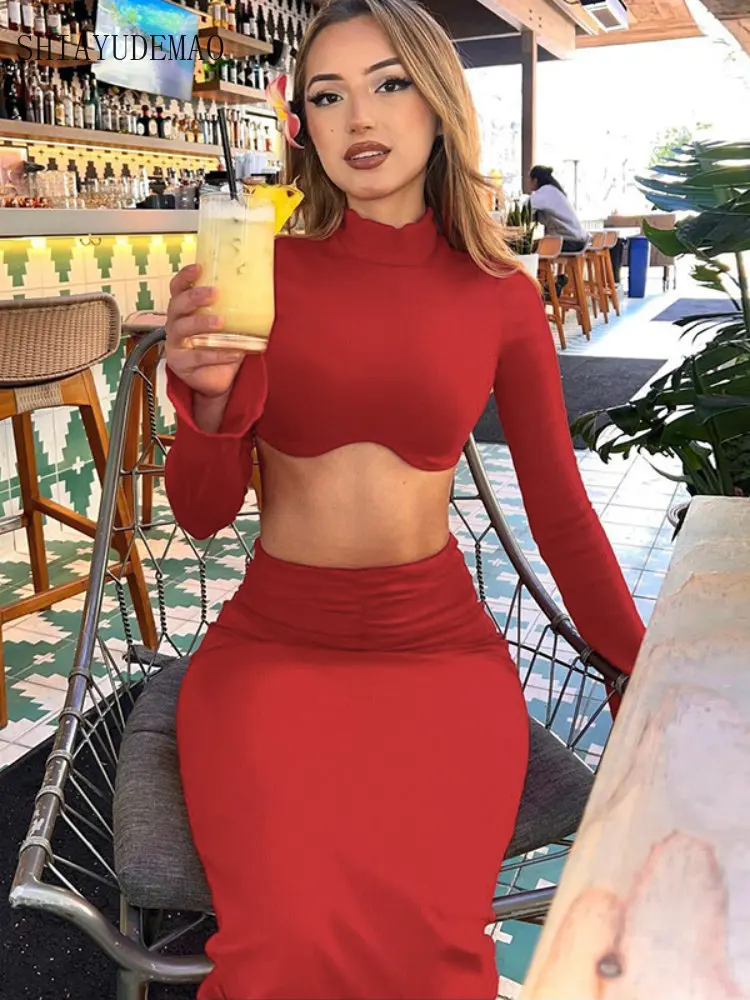 

Elegant Temperament Dress Two Piece Sets Summer Outfits for Women New In Sexy Midriff-baring Dresses for Women Long Sleeve Top