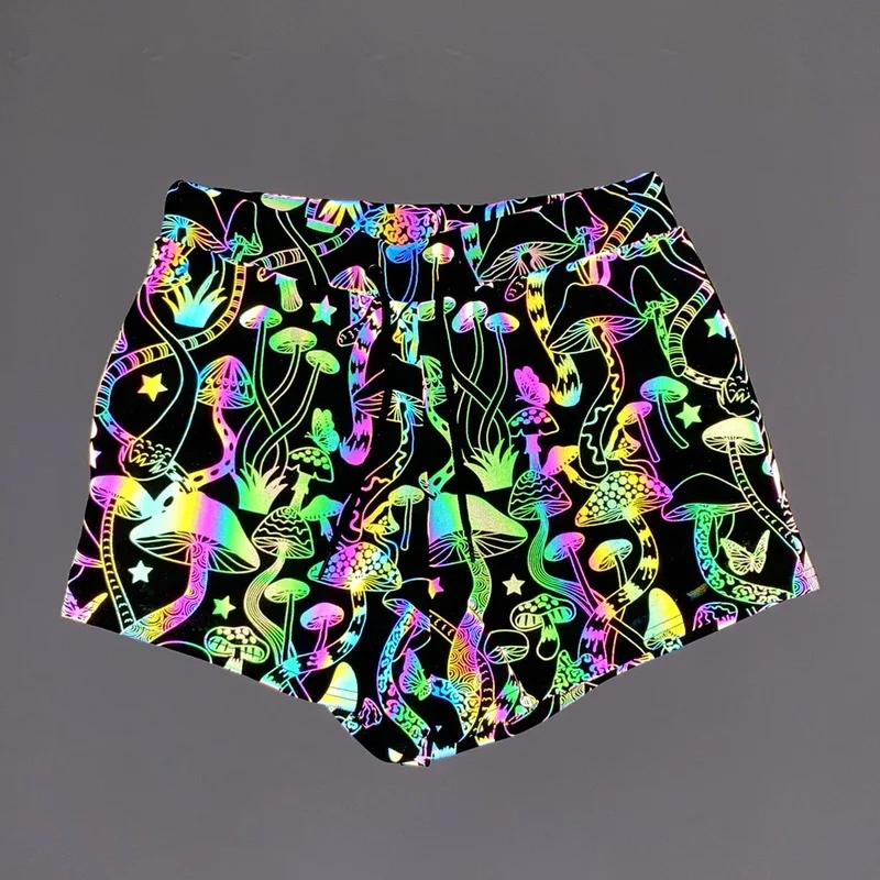 

New Mushroom Printed Colorful Reflective Mens Summer Shorts Shiny Hip Hop Dance Fluorescent Shorts for Men Night Sporting Shorts