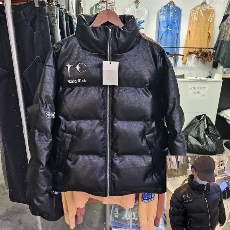 Черная куртка из искусственной кожи Thug CLub утолщенного хлопка на молнии с