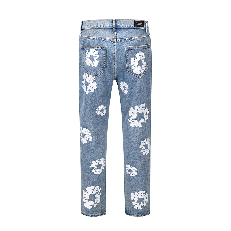 Men Women Kanye Jeans Harajuku Color Block Flower Full Print Pants Oversized Streetwear Retro Straight Casual Denim Trousers