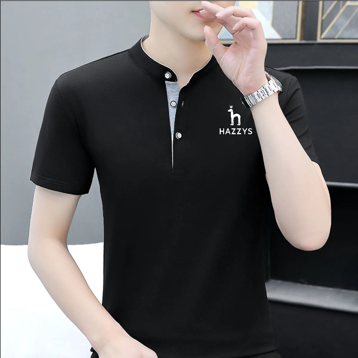

2023 New Hazzys Summer Standing Neck Half Sleeve Men's Short Sleeve T-shirt Men's Simple Solid Color Clothes Top T-shirt Bottom