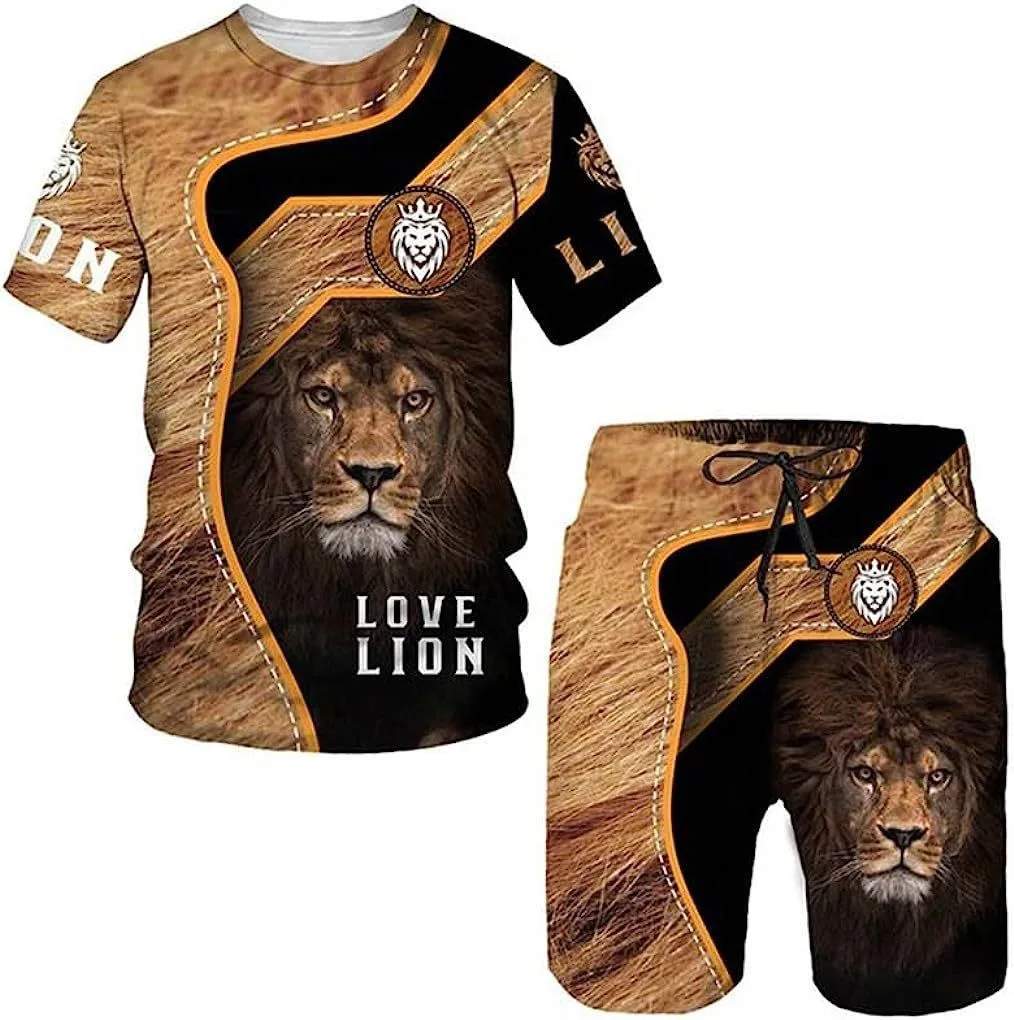Tracksuit Short Sleeve T-shirt 2-Piece Summer Men's Lion Print Fashion Short Pants Suit Round Neck Oversized Street Jogging Wear