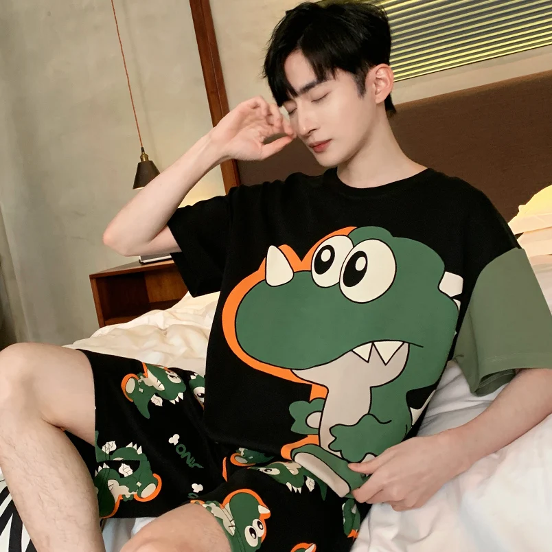 

L-3XL Summer Pijama Set For Men Women Sleepwear Cartoon Dinosaur Pyjamas Suit 2PCS Korean Loose Cotton Loungewear Hombre Unisex
