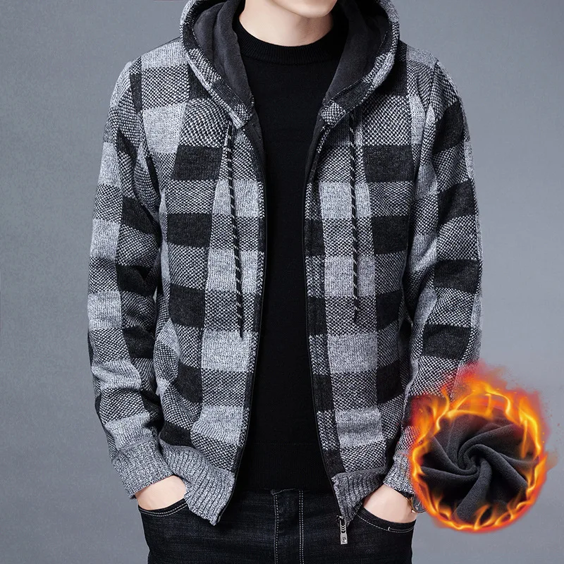 

2022 men's winter hooded fleece thick plaid long-sleeved sweater youth Korean version men's cardigan sweater