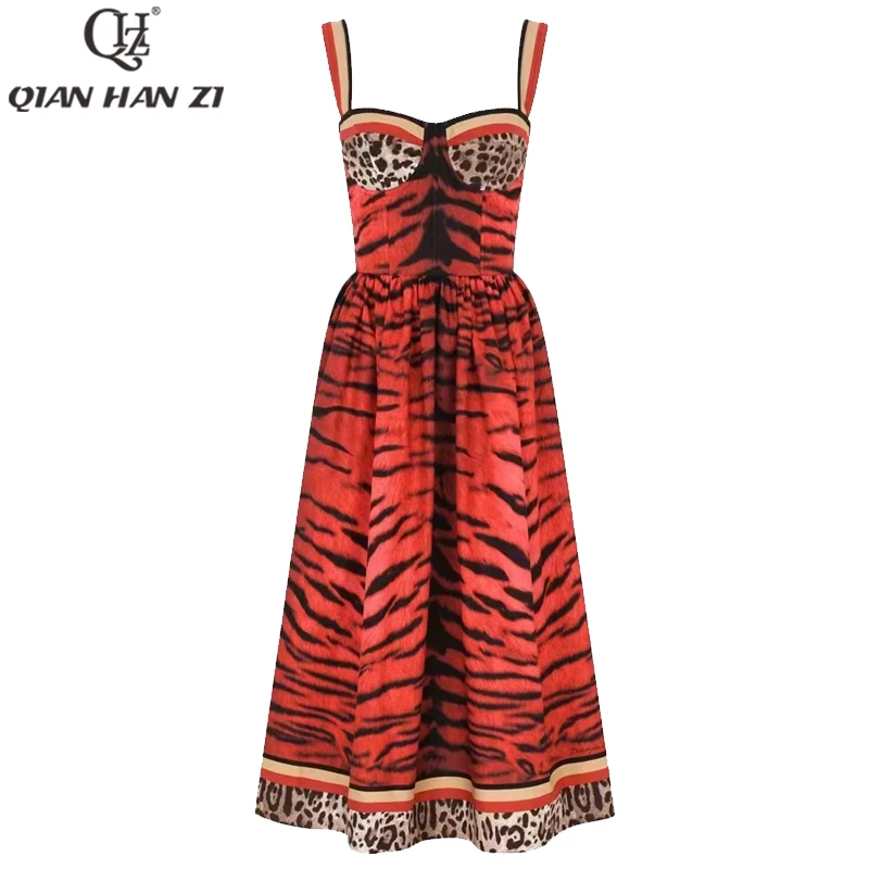 

Qian Han Zi Designer Fashion Summer Spaghetti Strap Dress for Women vintage 100% cotton Slim sexy Leopard print print dress