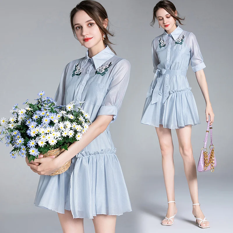 

2022 Summer new mid-length shirt skirt heavy embroidery waist tight temperament thin sweet dress two-piece set