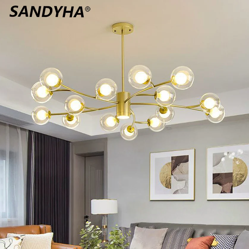 

SANDYHA Modern LED Live Room Molecular Chandelier Black Gold Glass Ball lampshade Pendant Light Living Dining House Hanging Lamp