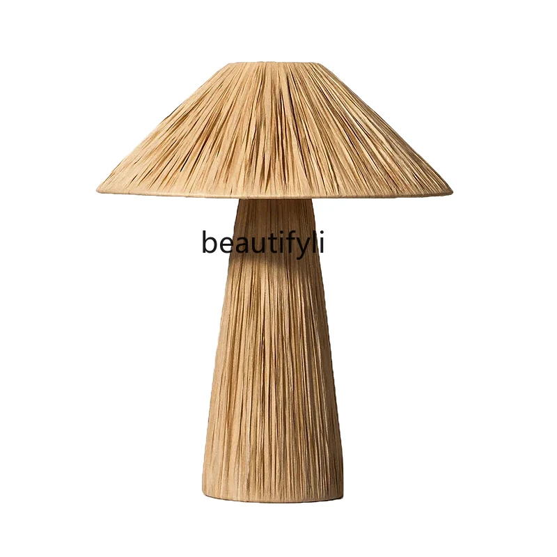 

Japanese-Style Table Lamp Floor Living Room Study Bedroom Bedside Lamp Silent Style Retro Handmade Straw Woven Lamps