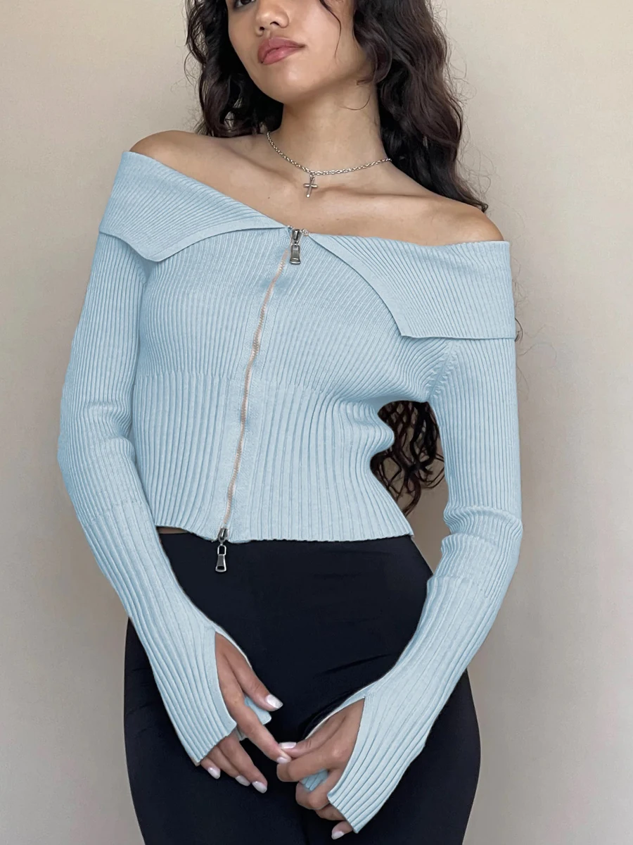 

Women Crop Basic Knitted Tops Solid Color Long Sleeve Off-Shoulder Shirt Casual Zipper Sweater Cardigan for Club Streetwear