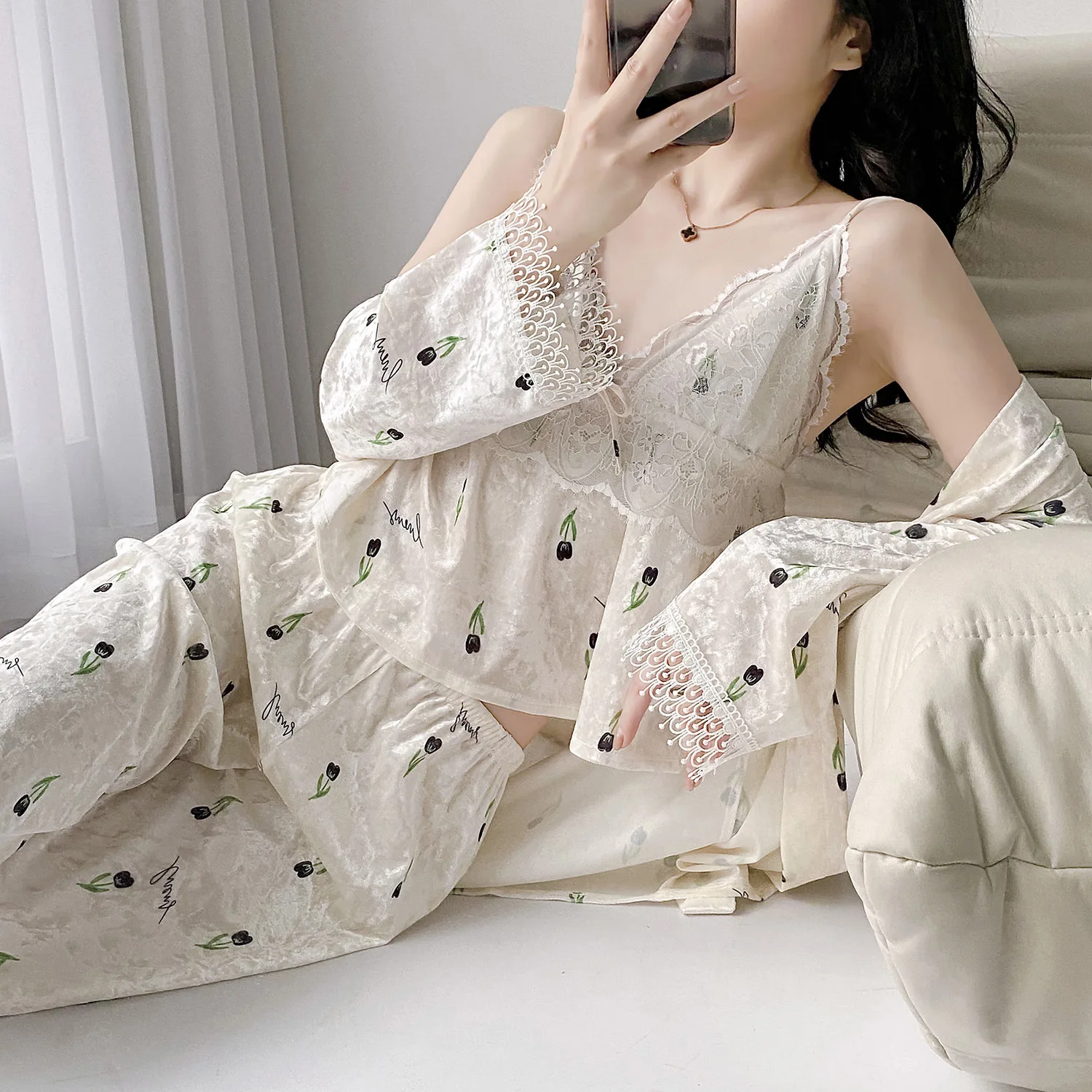 Велюровая одежда для сна с цветочным принтом домашняя осень 2024 новая ночная
